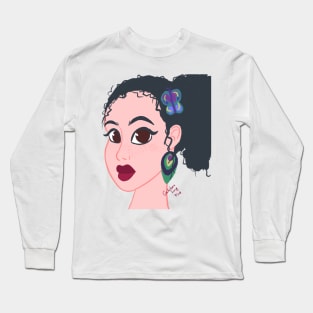 Girl with the Peacock Feather Earrings and Butterfly Bow Long Sleeve T-Shirt